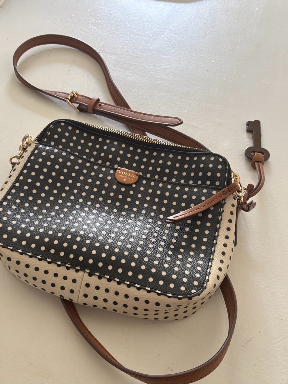 Fossil Black and Cream Polka Dot Crossbody with Brown Strap and Key Charm